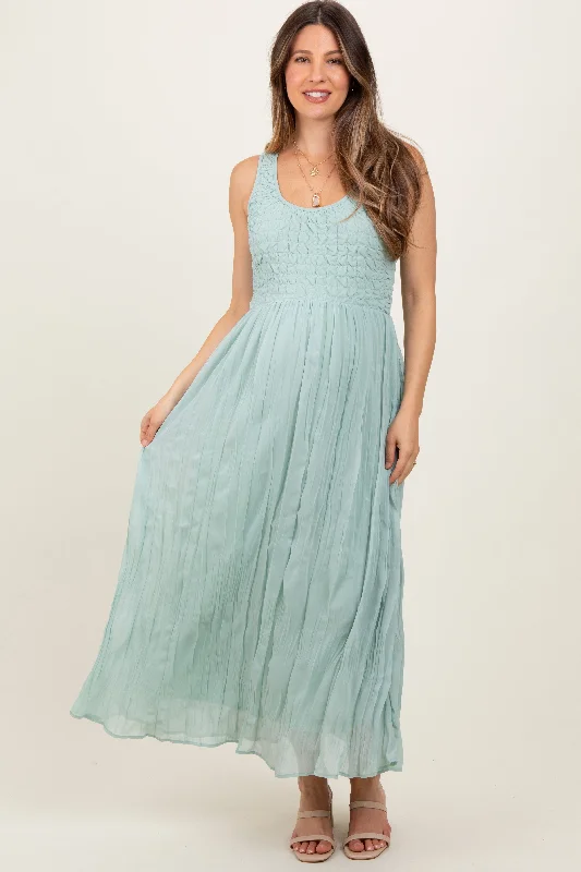 Casual chic maxi dress-Light Olive Textured Smocked Bodice Sleeveless Maternity Maxi Dress