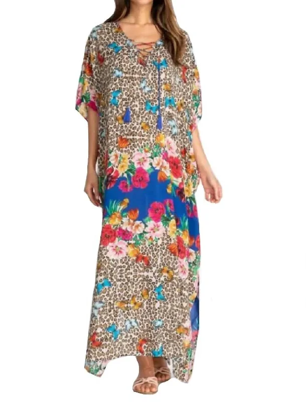 Maxi dress with high split-Bella Lace Up Maxi Kaftan Dress in Multi