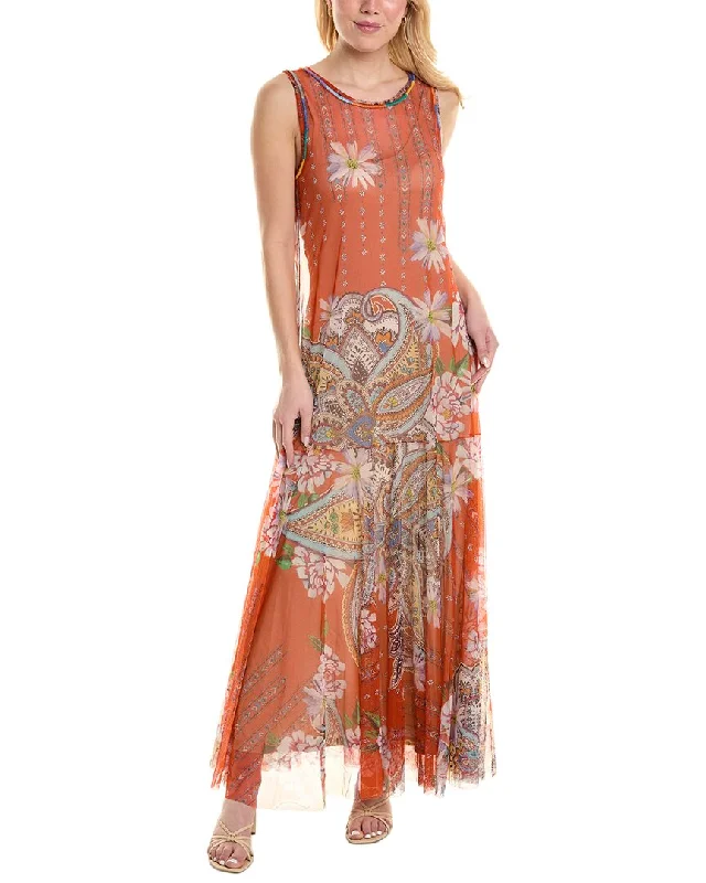 Maxi dress with feather trim-Johnny Was Paisley Mesh Maxi Dress