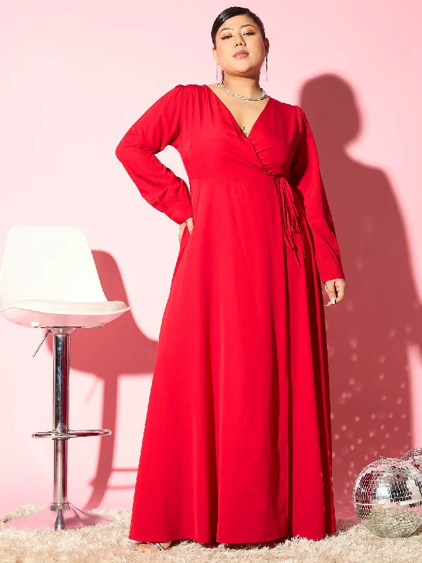 Maxi dress with shimmer fabric-Berrylush Curve Women Solid Red V-Neck Cuff Sleeves Waist Tie-Up Pleated Maxi Dress