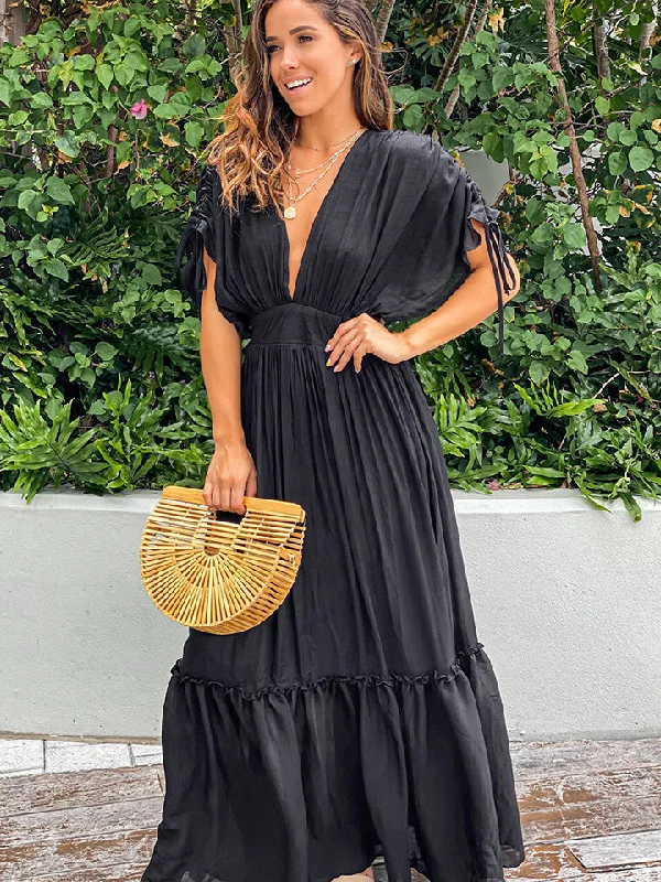 Maxi dress with feather trim-Plunge Neck Tie Sleeve Maxi Dress