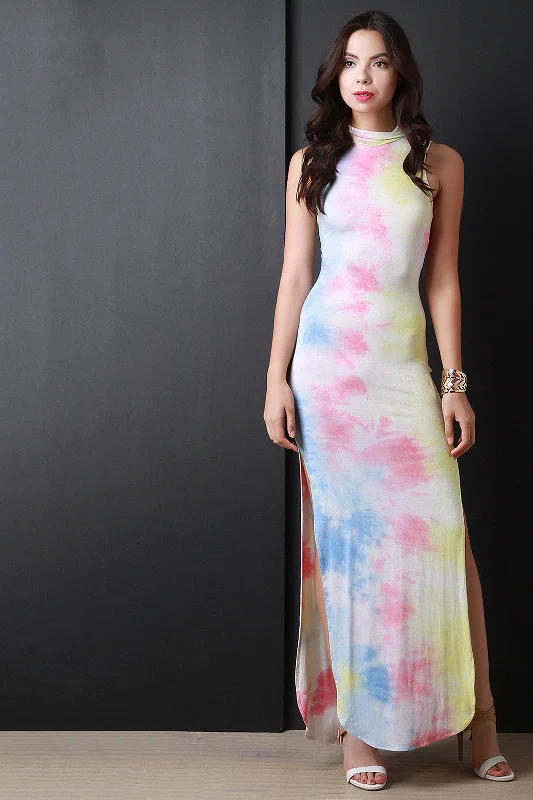 Bell sleeve maxi dress-Pastel Tie Dye Double Slit Maxi Dress