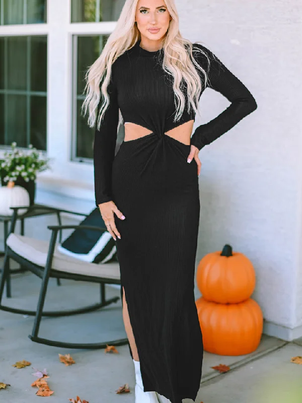 Maxi dress with crochet overlay-Cutout Long Sleeve Slit Maxi Dress