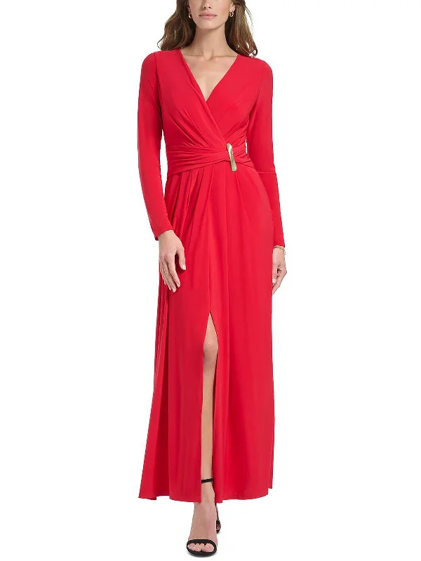 Maxi dress with tulip hem-Womens V-Neck Maxi Evening Dress