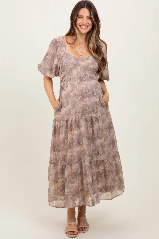 Colorblock maxi dress-Light Taupe Watercolor Floral Puff Sleeve Tiered Maternity Maxi Dress