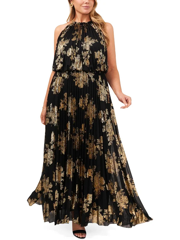 Cap sleeve maxi dress-Plus Womens Halter Metallic Maxi Dress