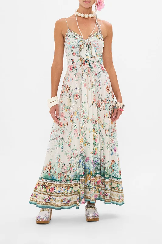 Maxi dress with shimmer fabric-LONG DRESS WITH TIE FRONT PLUMES AND PARTERRES