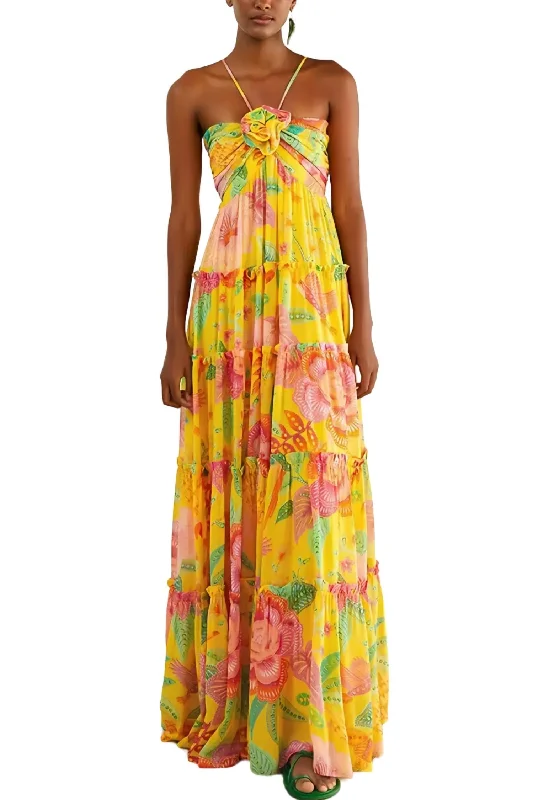 Tulle maxi dress-Printed Flowy Halter Maxi Dress In Yellow