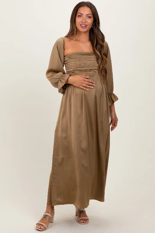 Maxi dress with shimmer fabric-Olive Off Shoulder Satin Pleated Bodice Maternity Maxi Dress