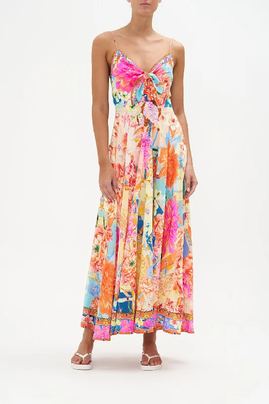 Maxi dress with tulle overlay-LONG DRESS WITH TIE FRONT MEET ME IN THE GARDEN