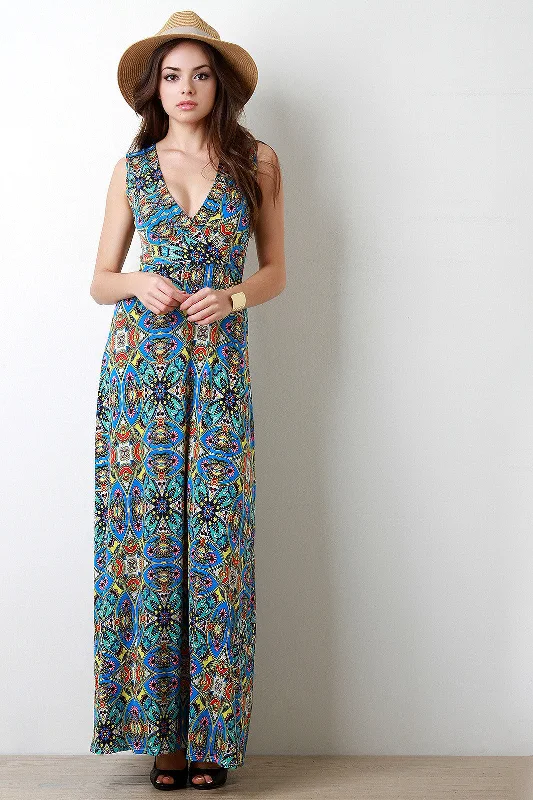 Wrap maxi dress-Paisley Boho Print Surplice Sleevess Maxi Dress