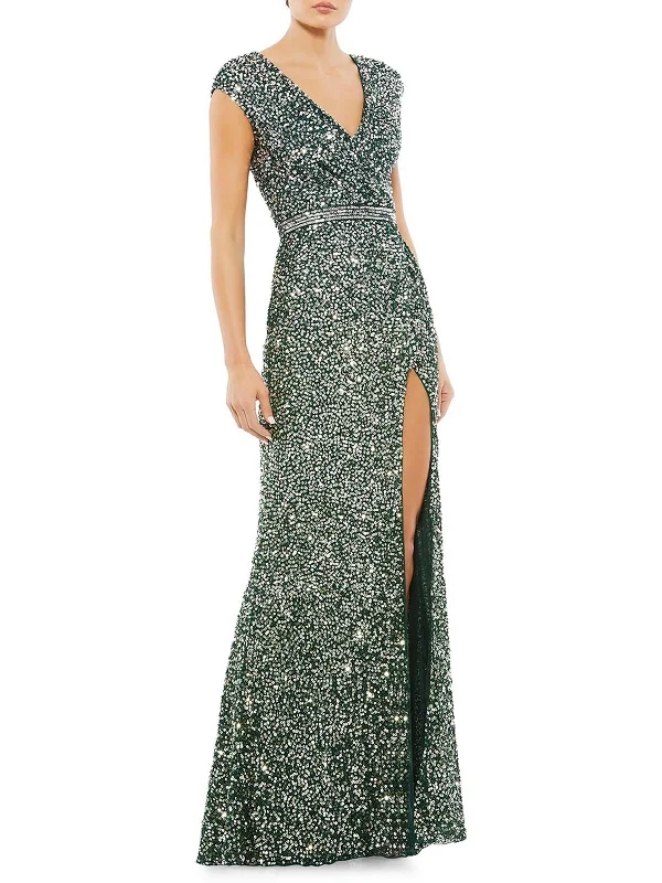 Button-front maxi dress-Womens Sequined Maxi Evening Dress