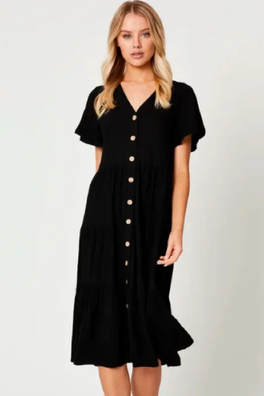 Maxi dress with intricate details-Tiered Button Down Skater Maxi Dress