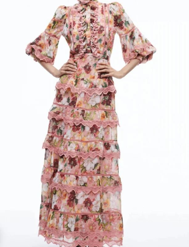 Maxi dress with pockets-Brooke High Neck Maxi Dress In Juniper Floral Rose