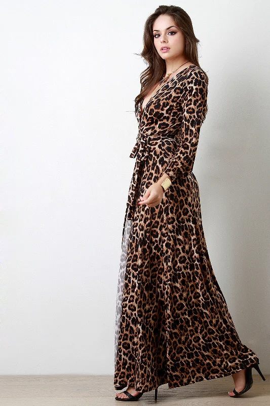 Maxi dress with trumpet sleeves-Safari Leopard Surplice Longsleeve Maxi Dress