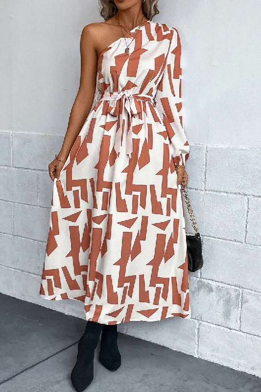 Maxi dress with braided belt-WOMEN ONE OFF SHOULDER BELTED LONG PRINT DRESS