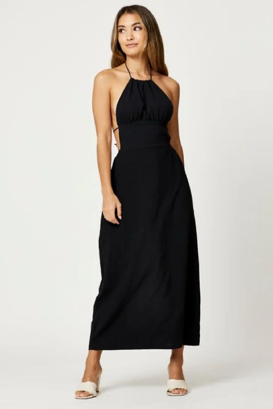 Maxi dress with boho prints-Backless Halter Neck Black Maxi Dress