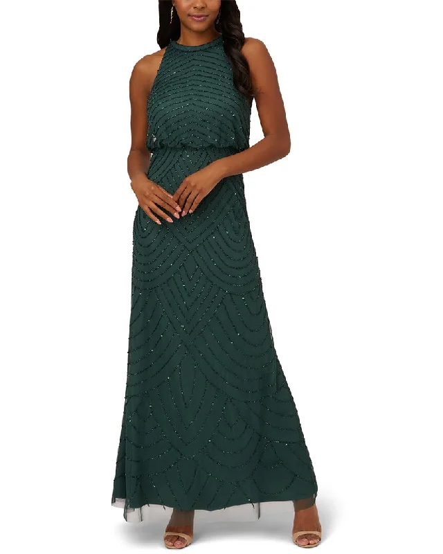 Maxi dress with floral applique-Adrianna Papell Beaded Halter Long Dress