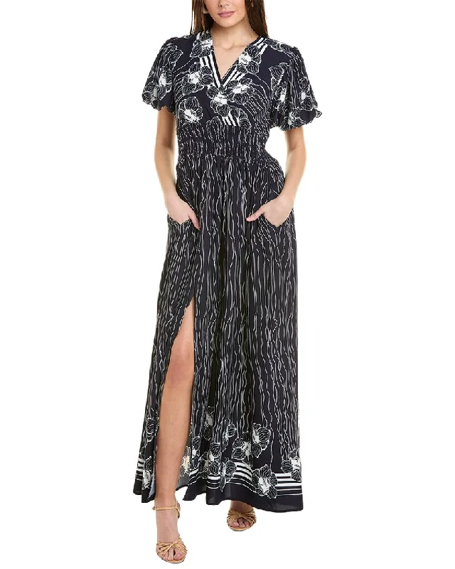 Maxi dress with bold prints-Gracia Lines & Flower Print V-Wrap Maxi Dress