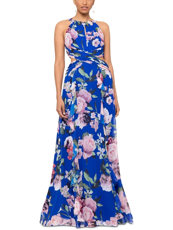 Maxi dress with metallic sheen-Womens Floral Print Chiffon Maxi Dress