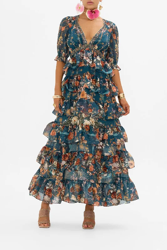 Floral embroidered maxi dress-PUFF SLEEVE TIERED SKIRT LONG DRESS SHE WHO WEARS THE CROWN