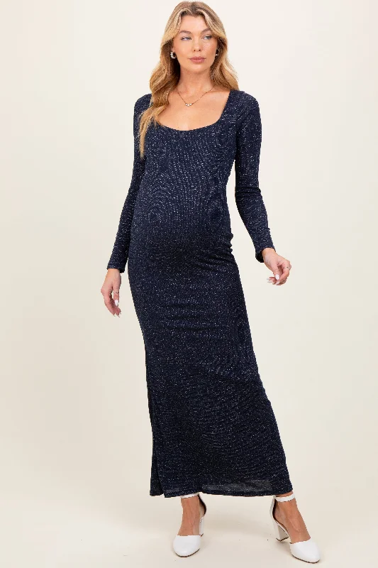 Shimmer maxi dress-Navy Basic Square Neck Long Sleeve Maternity Maxi Dress