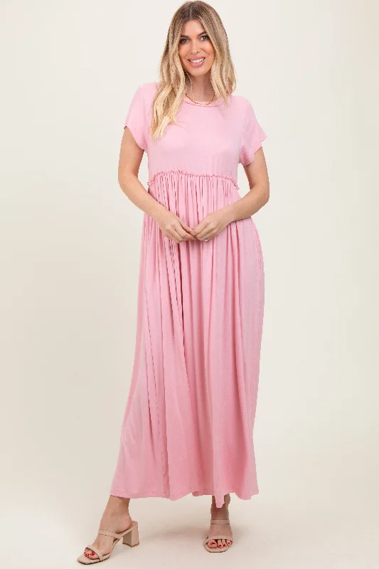 Ruffle maxi dress-Light Pink Short Sleeve Pocketed Maxi Dress