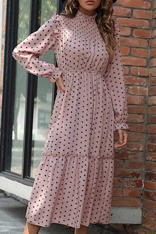 Wedding guest maxi dress-POLKA DOT LACED SHOULDER MAXI DRESS