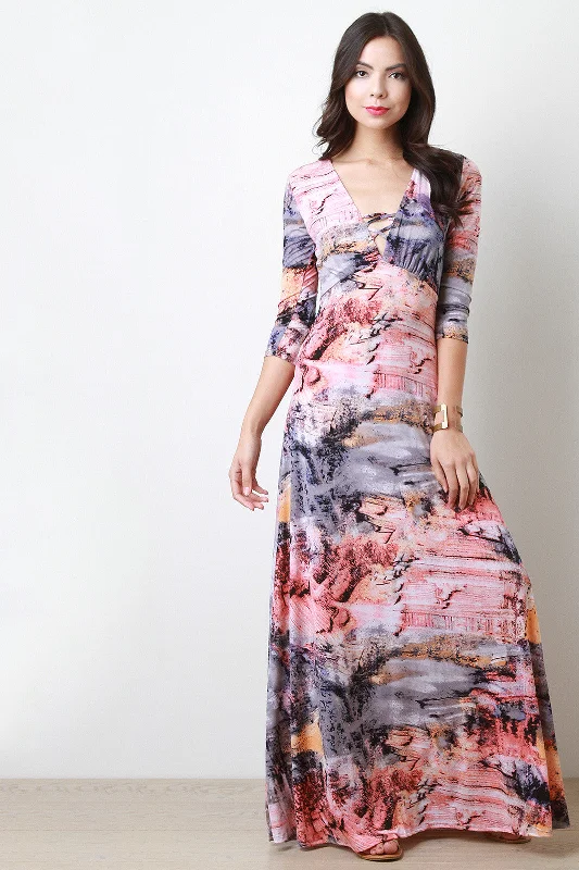 Elegant evening maxi dress-Printed Quarter Sleeve Maxi Dress