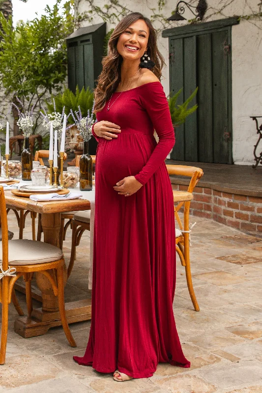 Maxi dress with high split-PinkBlush Burgundy Solid Off Shoulder Maternity Maxi Dress