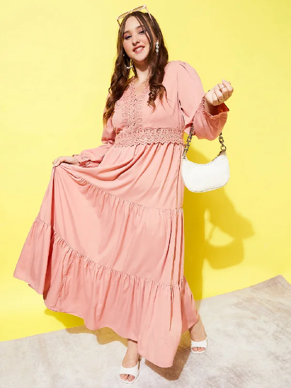 Maxi dress with shirred bodice-Berrylush Women Plus Size Solid Pink V-Neck Bell Sleeve Zipper-Up Lace Insert Layered Maxi Dress