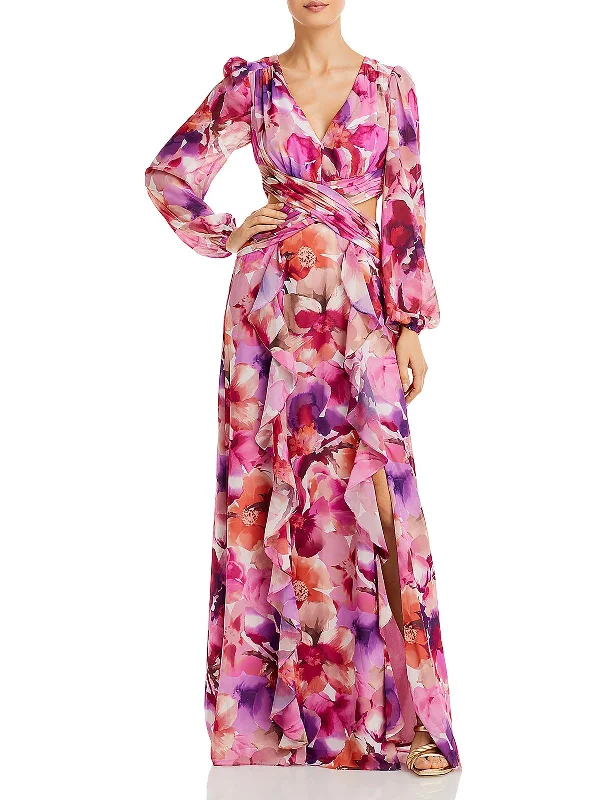 Maxi dress with illusion back-Womens Chiffon Floral Maxi Dress