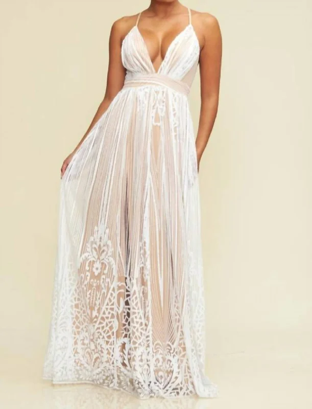 Satin maxi dress-White Maxi Dress In White/nude