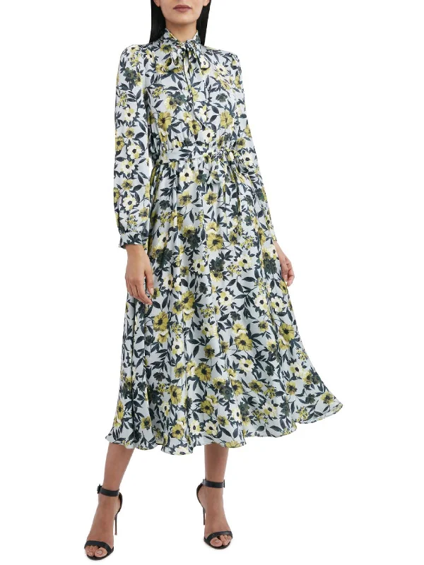 Layered ruffle midi dress-Womens Floral Mock Neck Midi Dress