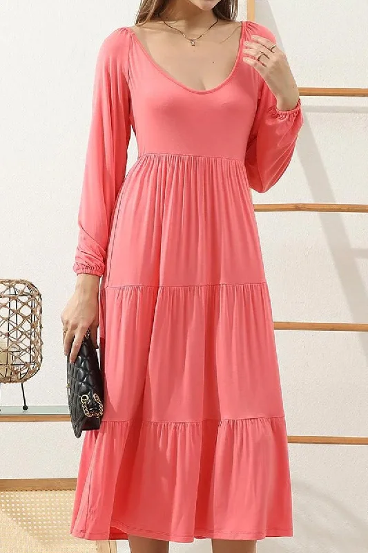 Casual beach maxi dress-ROUND NECK TIRED CASUAL RUFFLE MAXI SOLID DRESS