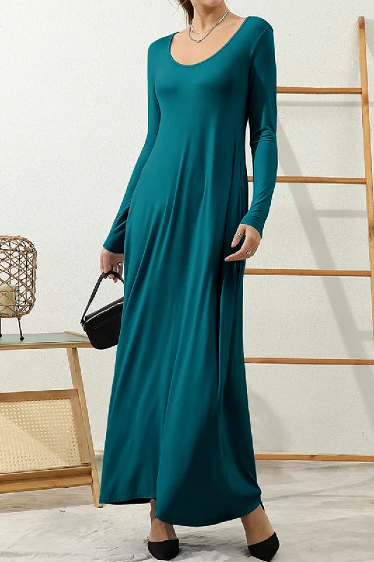 Shimmer maxi dress-R NECK LOOSE FIT MAXI DRESS WITH SIDE POCKETS