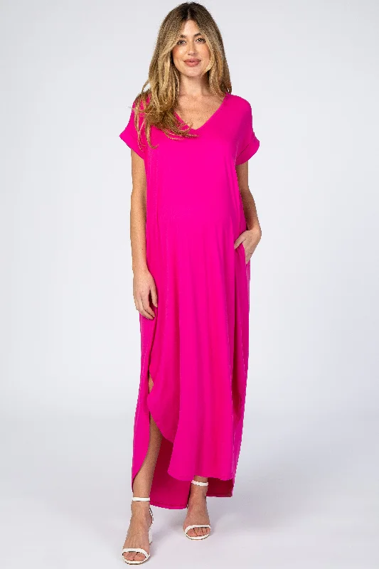 Maxi dress with braided straps-Fuchsia Side Slit Maternity Maxi Dress