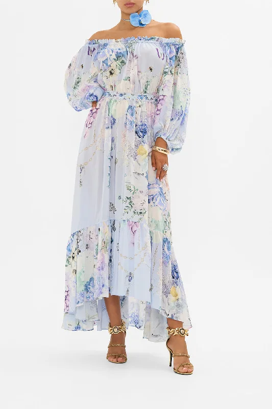 Maxi dress with keyhole neckline-FRILL OFF THE SHOULDER LONG DRESS BUTTERFLORIA