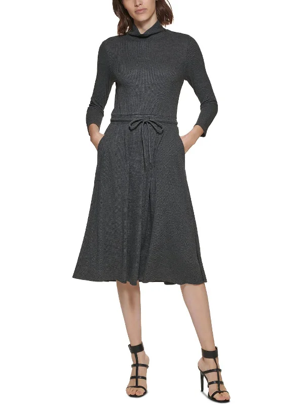 Glitter accent midi dress-Womens Knit Long Sleeves Midi Dress