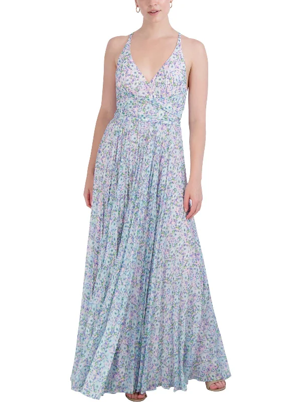 Metallic maxi dress-Womens Chiffon Floral Maxi Dress