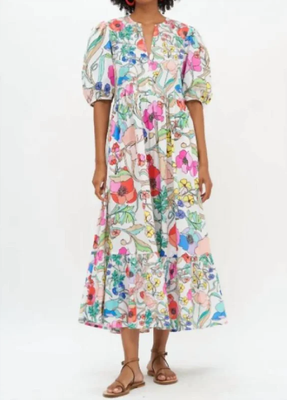 Maxi dress with drawstring waist-Puff Sleeve Maxi Dress In Multi Zinnia