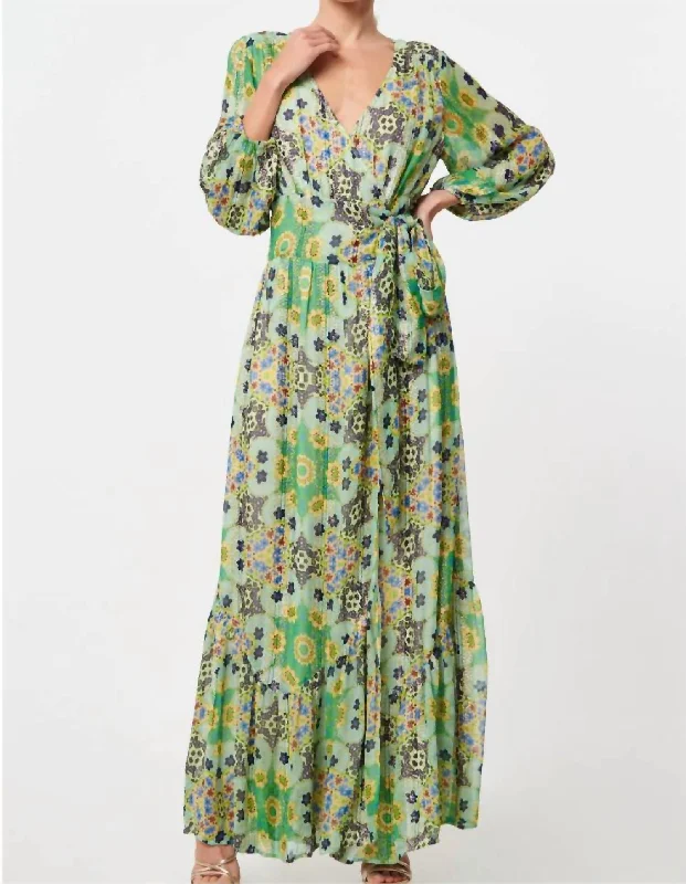 Maxi dress with crochet lace-Shani Printed Shimmer Maxi Wrap Dress In Green Multi