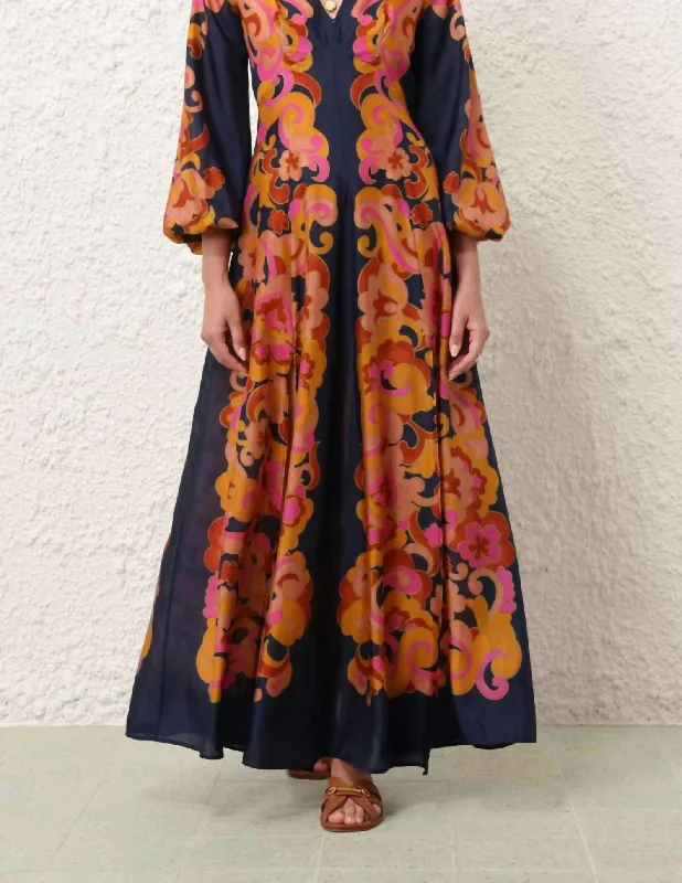 Maxi dress with high neckline-Acadian Long Sleeve Maxi Dress In Navy Paisley