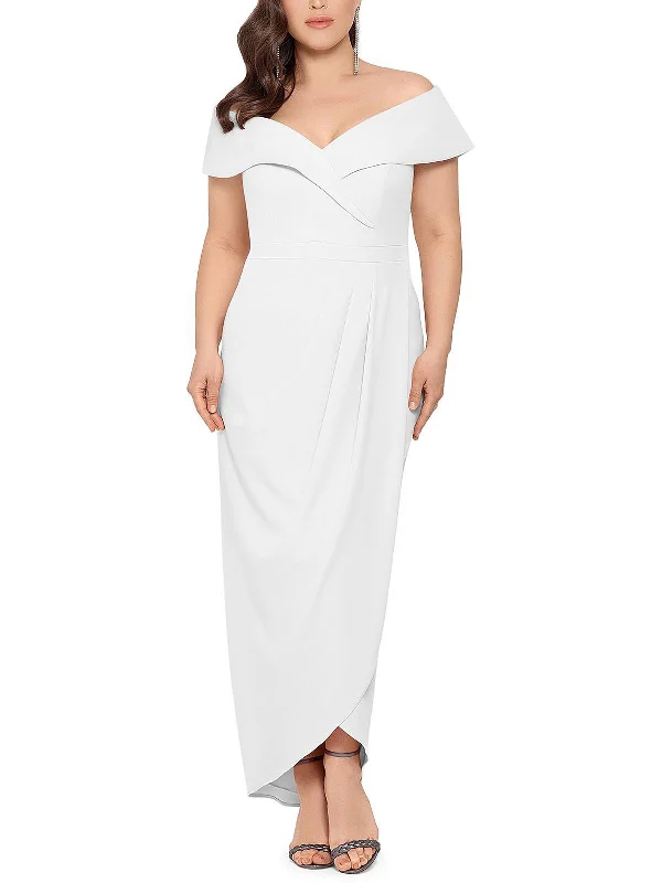 Maxi dress with bubble hem-Plus Womens Off-The-Shoulder Maxi Evening Dress