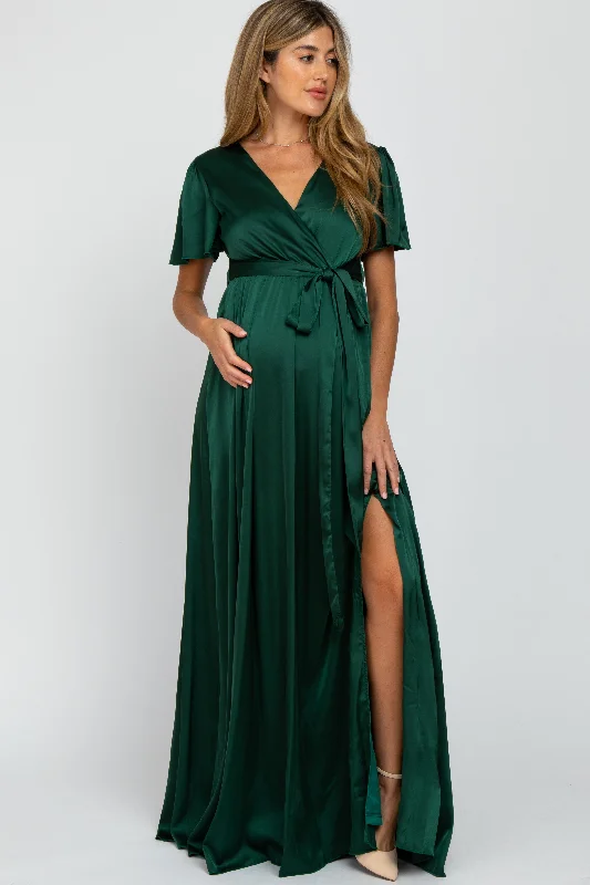 Lace maxi dress-Green Side Slit Satin Maternity Maxi Dress