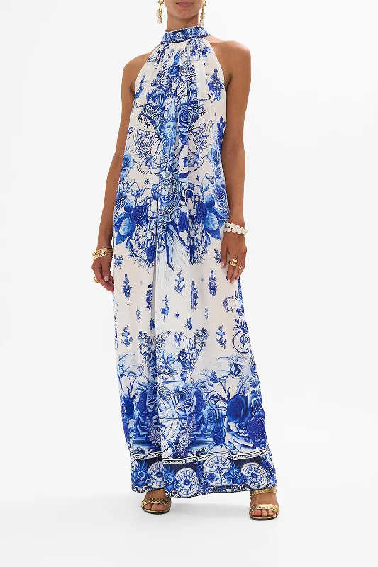 Maxi dress with tulip hem-TIE NECK LONG DRESS IMMORTAL INK