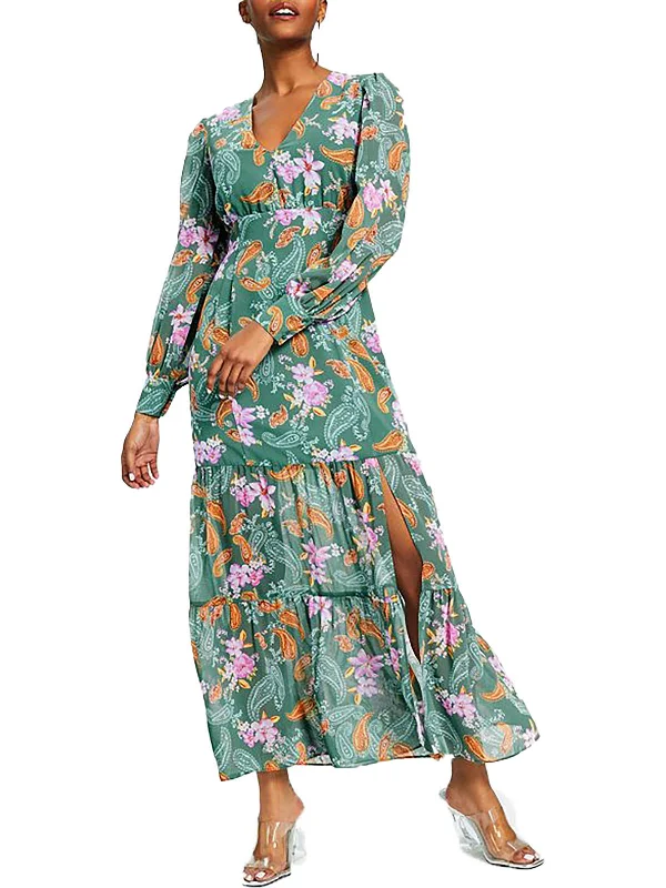 Animal print maxi dress-Petites Womens Chiffon Floral Maxi Dress