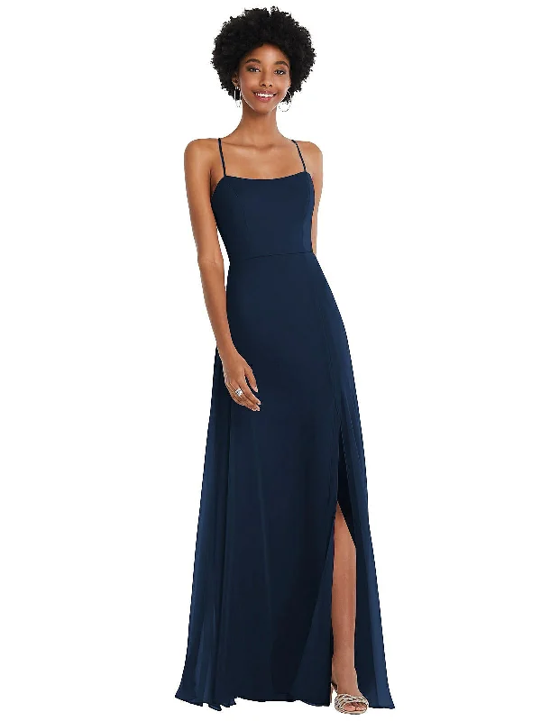 Maxi dress with floral applique-Scoop Neck Convertible Tie-Strap Maxi Dress with Front Slit