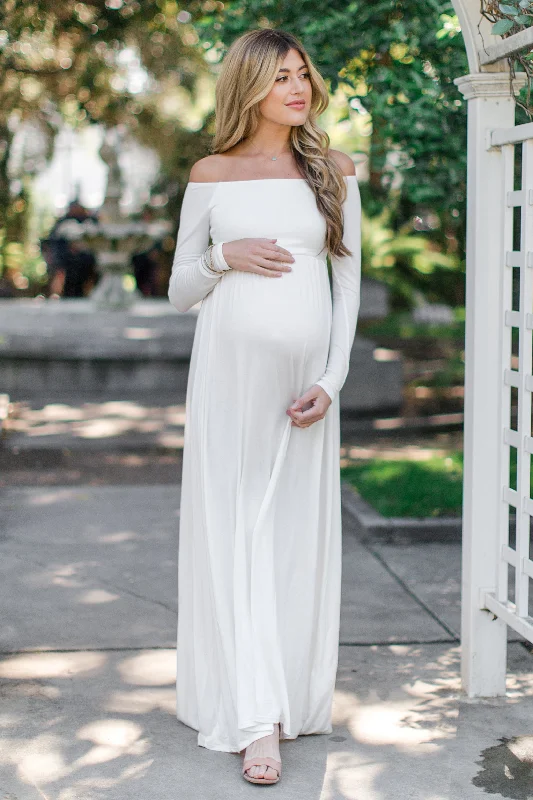 Maxi dress with beaded details-PinkBlush Tall Ivory Solid Off Shoulder Maternity Maxi Dress