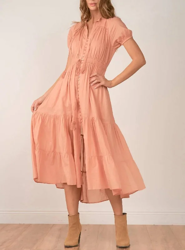 Maxi dress with layered ruffles-SHORT SLEEVE BUTTON UP MAXI DRESS in Dusty Rose